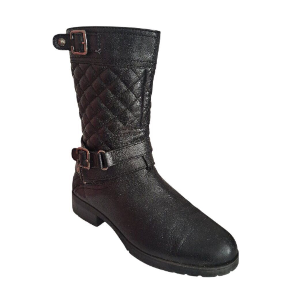 Anne Klein Women's Black Moto Quilted Harness Leather Boots Sz 7.5